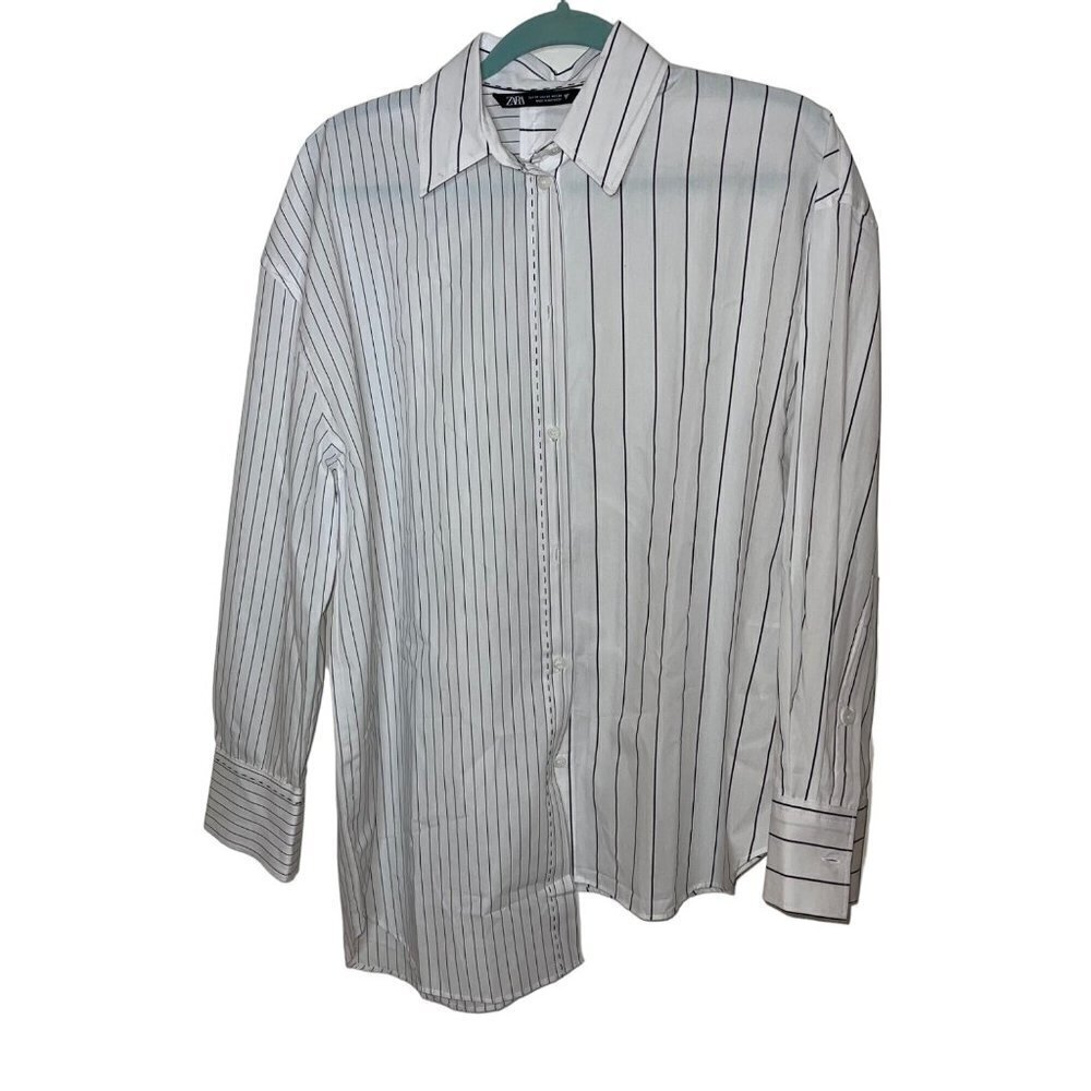 Zara Womens Shirt Size XS White Black Striped Oversized Asymmetrical Cotton - Picture 9 of 10